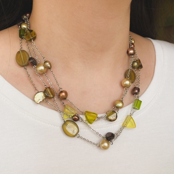 Olive Green Brown Natural Pearl Glass Beaded Silver Chain Layered Necklace - Picture 10 of 11